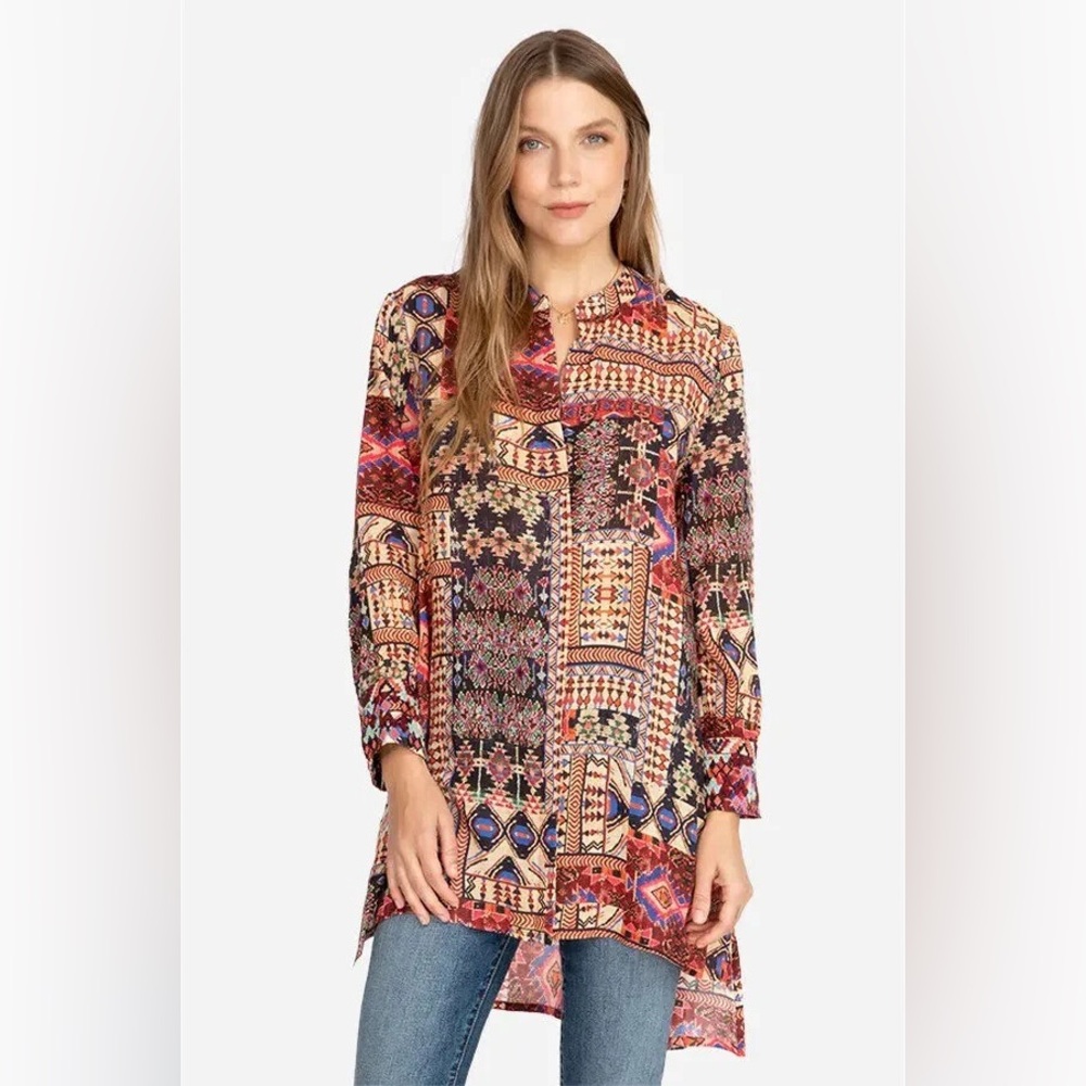 Johnny Was Multicolor Patchwork Print Tunic in Red, Blue, Black, Cream